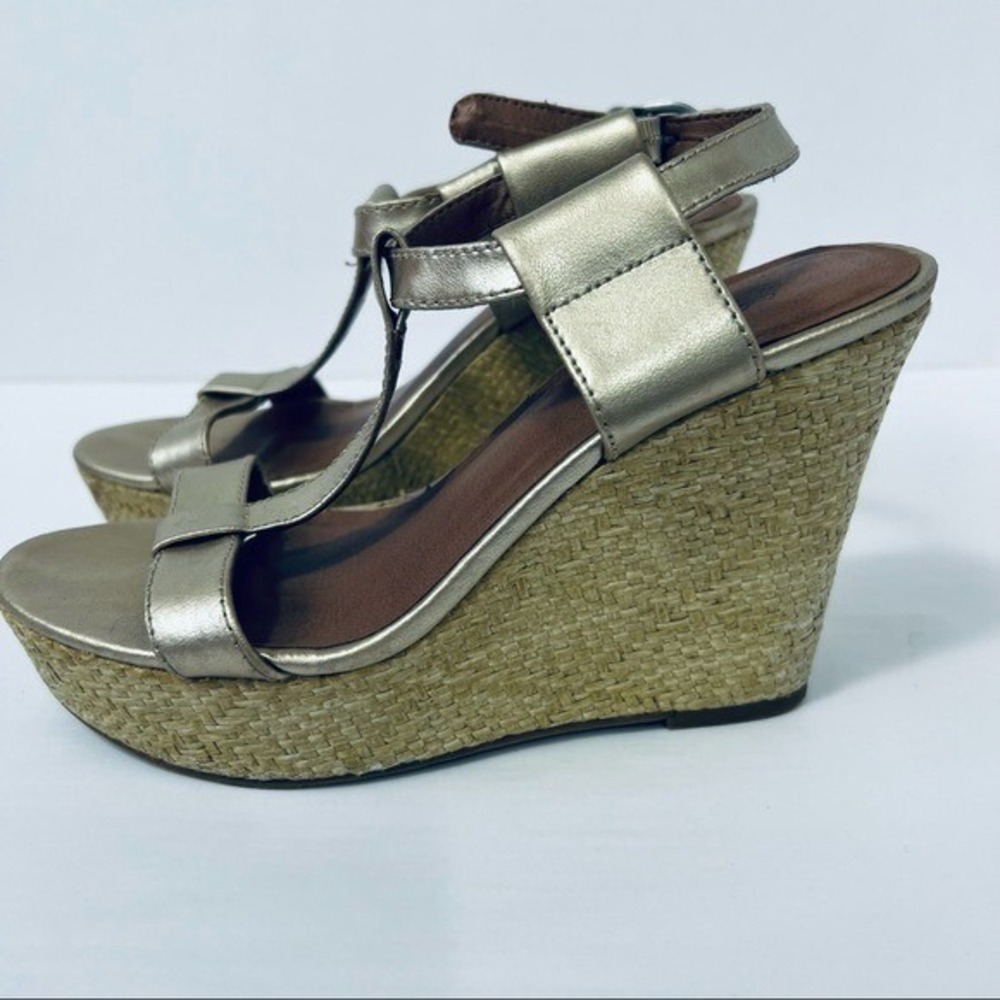 LUCKY BRAND Lovell Gold‎ Espadrille T-Strap Wedge Size 6/36M